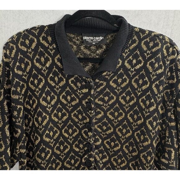 Vtg PIERRE CARDIN Women Pullover Henley Sweater Crew Neck Sz M Black Gold 93-28 - Picture 3 of 9